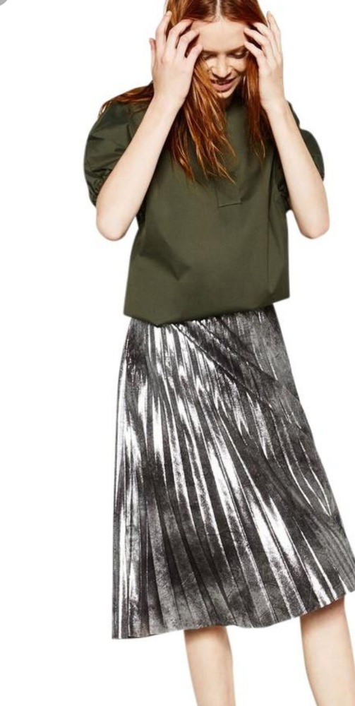 ZARA Metallic Pleated Midi Skirt - Picture 3 of 8